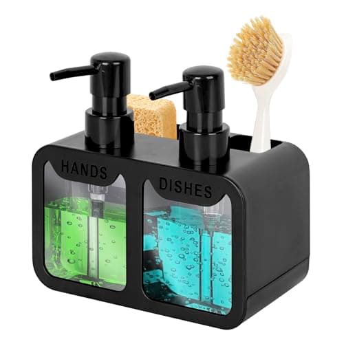 Distributeur de savon de cuisine, distributeur de savon à main et liquide vaisselle avec panier à éponge et support de brosse, organiseur de comptoir 3 en 1 pour évier de cuisine (noir)