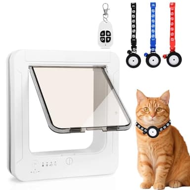 Chatiere pour Chat Puce Electronique, Accès Sélectif pour Votre Chat, Empêche Les Étrangers d'Entrer, Installation Facile, avec 3 Clés de Détection de Collier & 1 Télécommande