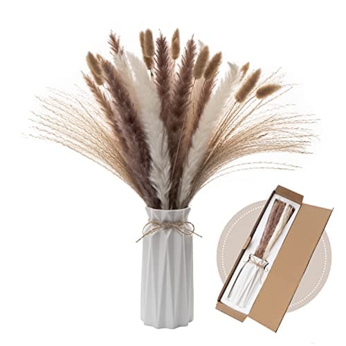 Wemk Pampa Séchées Naturelle Décoration 44 Pcs avec Vase Inclus, pour Boho Mariage, Chambre, Anniversaires, Déco Intérieur