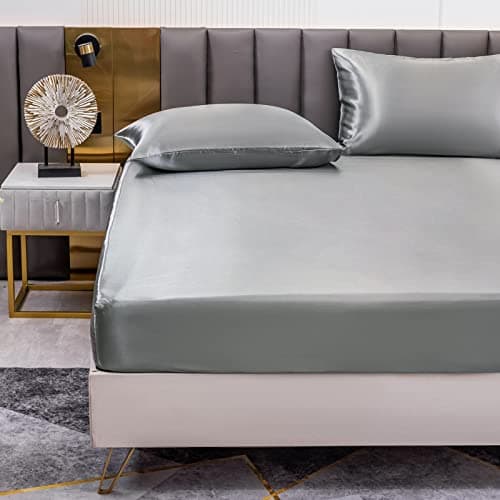 Drap Housse Satin 180x200 cm 2 Personnes avec Grand Bonnet de 30 cm pour Matelas Épais - Drap-Housse Douce en Satin de Soie Polyester Couleur Unie, Gris Foncé