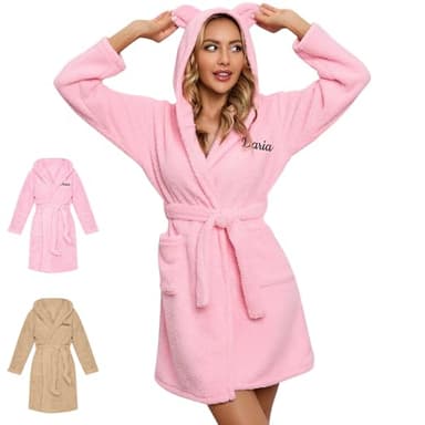 Peignoir Personnalisé avec Nom Brodé, Robe de Chambre Femme Hiver, Peignoir de Bain Polaire, Flanelle Douce - Cadeau pour Anniversaire, Noël, Fête des Mères
