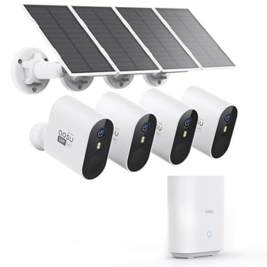 AOSU 3K Camera Surveillance WiFi Exterieure sans Fil Solaire Kit, 5MP Solar Caméra Security Exterieur sur Batteries avec Homebase, 4 Solarcam, Détection Mouvement, Vision Nocturne Couleur
