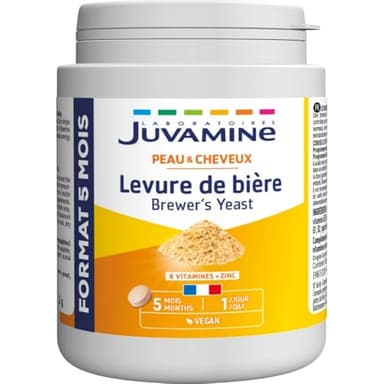 JUVAMINE Levure de Bière, Beauté de la peau, des cheveux et des ongles, Vitalité, Vitamines B1, B2, B3, B5, B6, B8, B9 et B12 + Zinc, Programme de 5 mois, Fabriqué en France