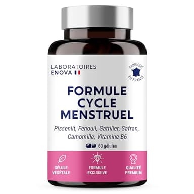 FORMULE CYCLE MENSTRUEL | SPM + Règles douloureuses | Pissenlit, Fenouil, Gattilier, Safran, Grande Camomille, Vitamine B6 | Complement Alimentaire 100% Naturel | 60 Gélules | Fabriqué en France