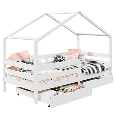 IDIMEX Lit cabane ENA lit Enfant Simple Montessori 90 x 190 cm, avec 2 tiroirs de Rangement, en pin Massif lasuré Blanc