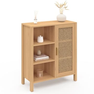 IDMarket - Buffet d'appoint 3 étagères et Placard 70 cm EDHEN Bois et cannage
