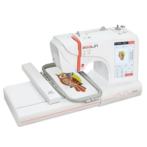 POOLIN EOC05 Machine à Broder, Grande Zone de Broderie de 10x23,5 cm Pour Vêtements, Grand écran Tactile LCD Informatisé de 18 cm, Livrée Avec Fil, Stabilisateur et Bobines,USB
