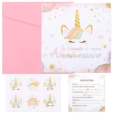 6PCS Licorne Carte Invitation Anniversaire Fille et 6PCS Enveloppes Roses et 6PCS Licorne Stickers Autocollant Correspondance Kits Invitation Anniversaireen Français pour Enfants Garçons Filles