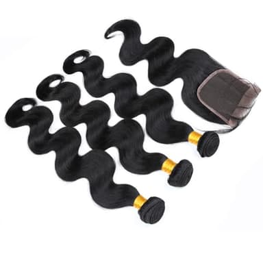 Tissage Naturel Cheveux Humain tissage bresilien avec closure tissage Cheveux Naturel Body Wave Human Hair Bundles with closure Couleur Noire Naturelle 12 14 16+10 Pouce