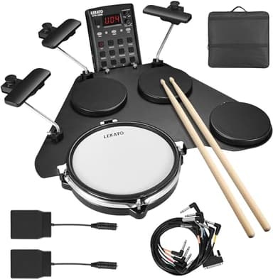 LEKATO Batterie électronique portable pour débutant avec coussinets de caisse claire en maille silencieuse, plus de 220 sons, USB MIDI, 2 pédales de commutation, 2 baguettes, sac de voyage