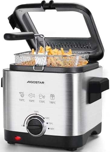 Aigostar Fries 3000041ZD - Friteuse compacte 100% sans BPA avec grande fenetre de vue et controle de la temperature. Acier inoxydable de type 304. 900W, capacite de 1,5L. Design exclusif