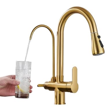 Dennienova Robinet de cuisine avec fonction eau potable, mitigeur chaud/froid extensible à 3 voies avec douchette, pivotant à 360°, doré
