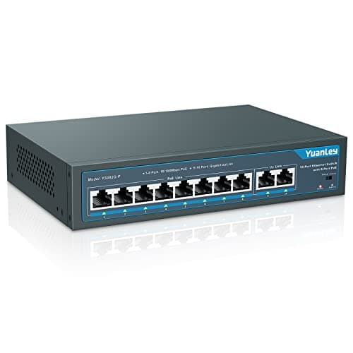 YuanLey 10 Port PoE Switch, 8 PoE+ Port 100Mbps, 2 Uplink Gigabit, 120W 802.3af/at, Étendre la Fonction, Metal Fanless Unmanaged