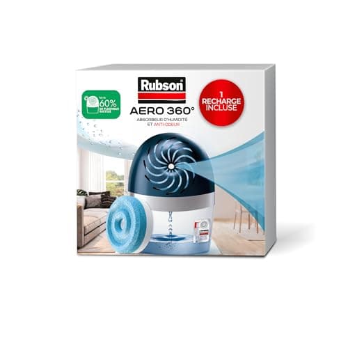 Rubson | Absorbeur d'Humidité Aero 360° pour pièces de 20 m² – Déshumidificateur d'air anti-odeurs & anti-moisissures – 1 recharge neutre de 450 g incluse