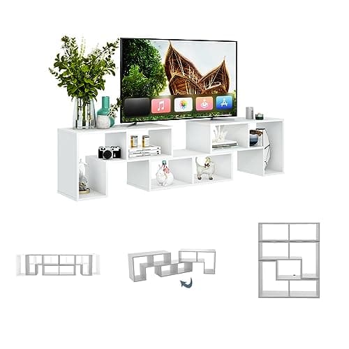 KOMFOTTEU Meuble TV, Combination Libre en 3 Pièces, Banc TV en Bois, pour Télévision Jusqu’à 65 Pouces, Table TV Créative, idéal pour Salon Chambre et Bureau, 135-180 x 30 x 43 cm (Blanc)