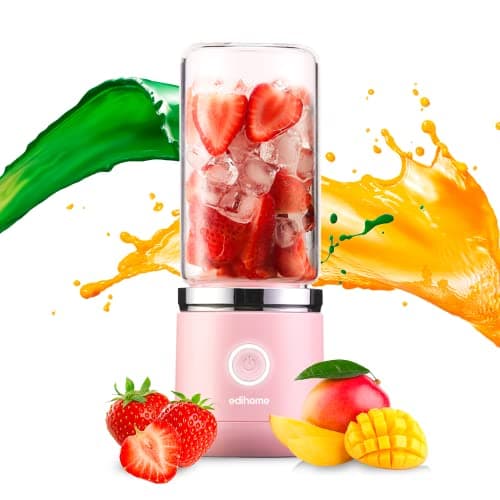Edihome, Blender Portable, Mini mixeur, Blender Smoothie, Fruits et Légumes, Mini Mixeur Électrique, avec Bouteille en Verre, 380 ml, Rechargeable par USB, 2000mAh (Rose)