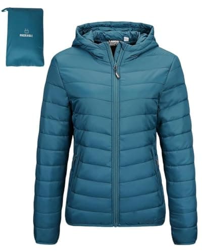 Outdoor Ventures Veste d'hiver légère avec capuche pour femme, chaude, courte, compacte, matelassée, mi-saison, rembourrée pour femme, doublée pour randonnée, voyage, Bleu (Moderne Blue), L