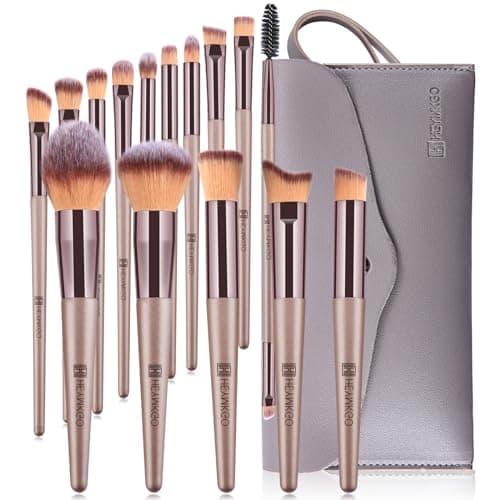 HEYMKGO Pinceaux Maquillages, Lot de 15 Set Pinceaux Maquillage Professionnel avec Trousse en Cuir PU, Kit Pinceau Maquillage Champagne Doré Trousse Makeup Brushes pour Fond de Teint Mélange de Poudre