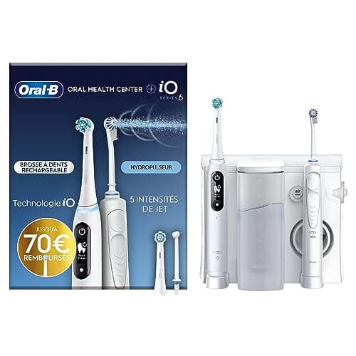 Oral-B Oral Health Center Hydropulseur Dentaire et Brosse à Dents Électrique iO6, Jet Dentaire, 1 Canule Oxyjet, 1 Canule Water Jet, 4 Jets d'Eau et 5 Pressions, 2 Brossettes, Rechargeable