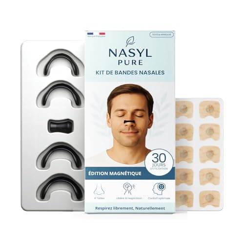 Nasyl Pure - 60 Pièces - Bande Nasale Magnetique - Anti-Ronflement - Respiration pour Sommeil Sport, et Allergies - Sommeil Réparateur - 4 Tailles - Aimant nez respiration - Ecarteur nasale (Noir)
