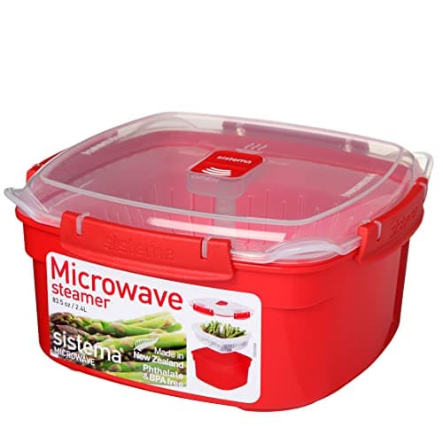 Sistema Cuiseur vapeur micro-ondes avec panier vapeur | 2.4 L Cuiseur vapeur aliments medium | sans BPA | Rouge/Transparent