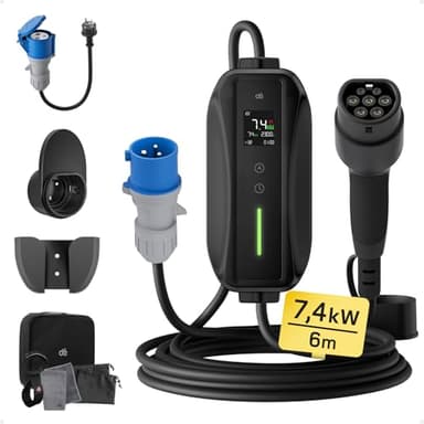Chargeur Voiture Electrique P17 [7,4kW, 1-Phase, 6m, 6A/10A/16A/20A/24A/32A] dé Type 2 Prise CEE Chargeur EV Station de Charge Mobile/Wallbox avec écran Numérique