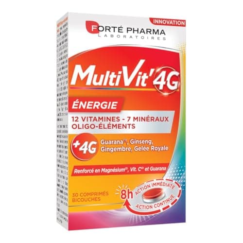 Forté Pharma - Multivit' 4G Energie - Complément Alimentaire Forme et Tonus - 12 Vitamines, 7 Minéraux, Guarana, Gelée royale, Ginseng, Magnésium - Fatigue, Irritabilité - 30 comprimés Bi-couches