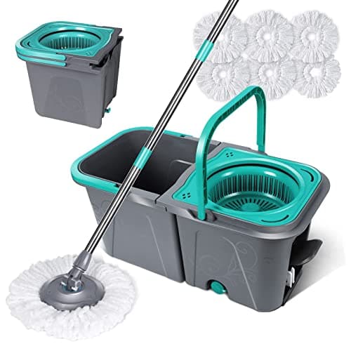 Masthome Balai à Frange et Seau à Pédale, Balai Serpillère Rotatif avec Système d'essorage Intégré, Seau Détachable avec 2 Compartiments pour Séparer l'eau Sale, Envoyer 6 Recharge en Microfibre, 6L