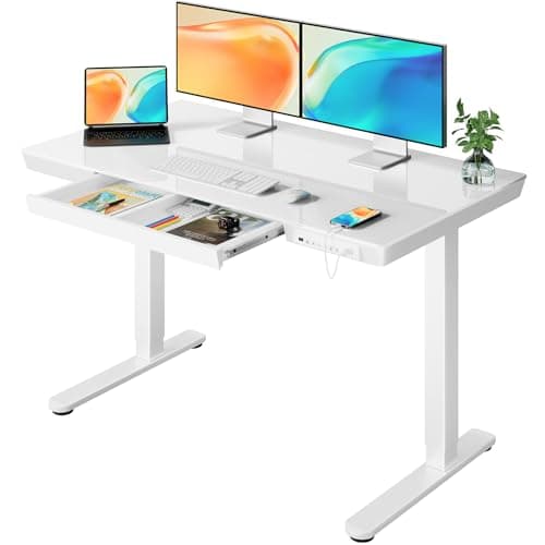 ErGear Bureau Assis Debout Électrique, Réglable en Hauteur 120x60cm, Plateau en Verre, Tiroir Intégré, 2 Ports de Charge USB, 3 Mémoires, Idéal pour Bureau à Domicile ou Poste de Travail.