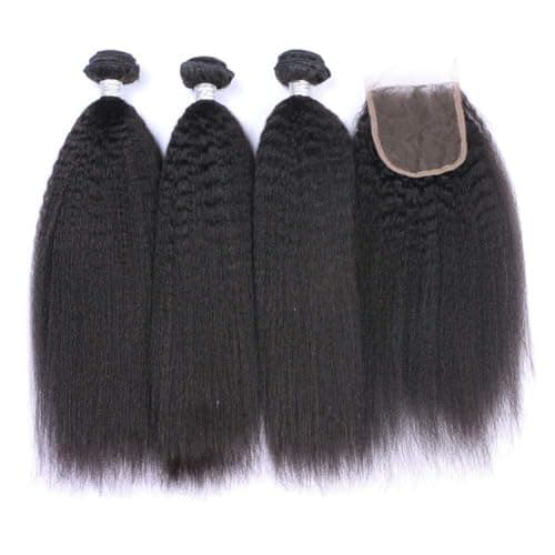Beyla 3 Boules Tissage Bresilien en lot avec Closure Meches Tête avec un Tissage Perruque Frontale Yaki Human Hair for femme (101010+8)
