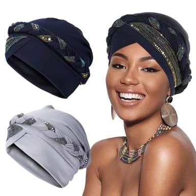 XEPST 2 Pièces Turbans pour Femmes, Pré-noué torsadé Chapeau Tresse Cheveux Couvertures, Enveloppements de Tête Africains pour Femmes Noires Chapeaux de Cancer Chimio Turban, Bleu Marine et Gris