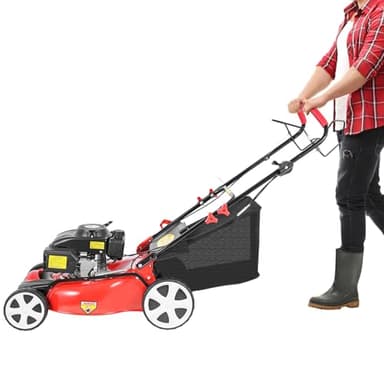 vinnyooc Tondeuse à gazon à essence 155 x 52 x 110 cm, moteur à essence 140 CC 4 temps, grandes cisailles à gazon avec entraînement de 51 cm, largeur de coupe 8 niveaux de réglage, sac collecteur de