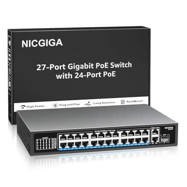 NICGIGA 24 Port Gigabit PoE Switch with 24 Port PoE+@300W, 2 Gigabit Uplink Port, 1 SFP, Sturdy Metal for Desktop/Rack Mount, Plug and Play, Unmanaged Power Over Ethernet Switch.