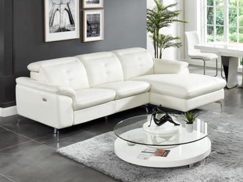 Vente-unique - Canapé d'angle Relax électrique en Cuir de Buffle LISMORE - Ivoire - Angle Droit