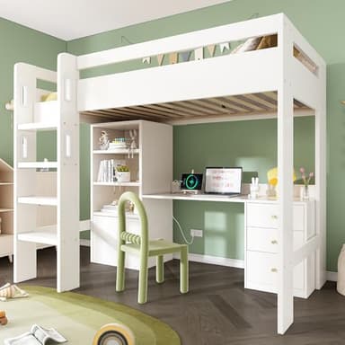Sweiko Lit Superposé, Cadre de Lit Double avec Support à Lattes et échelle(sans Matelas) (White 3)