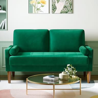 Vesgantti Petit Canapé 2 Places Vert, Canapé en Velours 121cm avec Coussin à Ressorts, Mini Chambre avec Accoudoirs, Causeuse de Salon Moderne, Causeuse Fixe 2 Places, Vert Causeuse