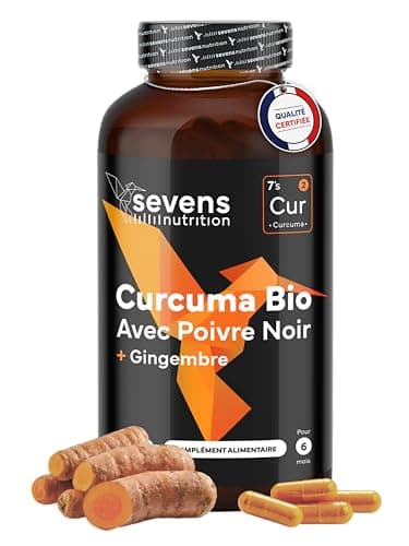 Curcuma Bio Gélule Anti Inflammatoire avec Gingembre et Poivre Noir – 1410 mg par Dose – 365 Gélules – Format XL Éco – Complément Articulations Os Vegan Naturel – Sevens