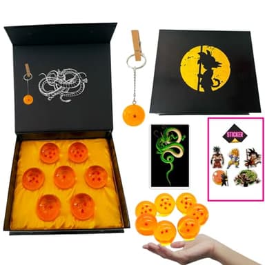 STUDIOJRH Ensemble de 7 Boules de Dragon (1 à 7 Étoiles) avec Boîte Cadeau, Porte-clés, Autocollants et Carte d'Invocation de Shenlong - Idéal pour Les Collectionneurs ou comme Cadeau pour Enfants