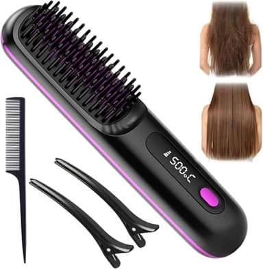 Brosse à Lisser Sans Fil, Brusheo Hair Pro Fer a Lisser, 2 en 1 Brosse Lissante pour Cheveux Sans Fil, Fer à Lisser à ions négatifs avec 3 températures