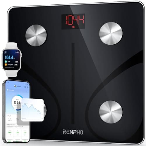RENPHO Balance Pese Personne, Pese Personnes en Verre Trempé, Bluetooth, Max. 180 kg, Balance Connectée avec 13 Données Corporelles (IMC/graisse corporelle/masse osseuse/BMR/muscle/eau), Elis 1