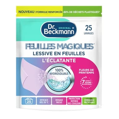 Dr. Beckmann FEUILLES MAGIQUES Lessive en feuilles L'ÉCLATANTE | Format pré-dosé, pratique et léger | 100% hydrosoluble, facile à utiliser et ranger | 25 feuilles