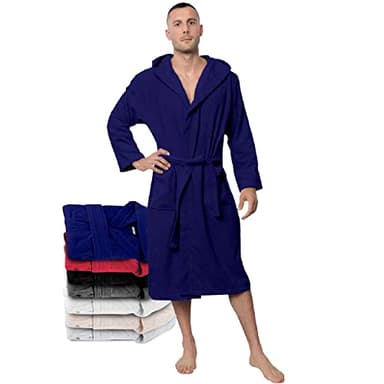 Twinzen Peignoir de Bain Homme - S - Bleu - 100% Coton avec Capuche - Certifié OEKO-TEX® - Robe de Chambre Eponge 2 Poches, Ceinture - Doux, Absorbant et Confort