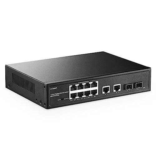 YuLinca Commutateur Gigabit PoE 12 Ports, 8 GE PoE+, 2 GE Uplink, 2 Gigabit SFP, IEEE802.3af/at Max 120W, Fanless Unmanaged Plug&Play Ethernet Switch