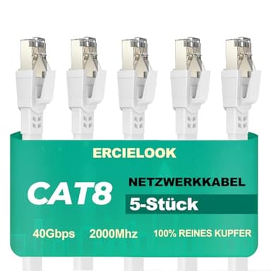 Ercielook Cat 8 Câble Ethernet 0,5m 5 Pièces – Câble Réseau 40Gbps 2000MHz Plat STP RJ45 LAN Câble Compatible avec Routeur Modem Switch