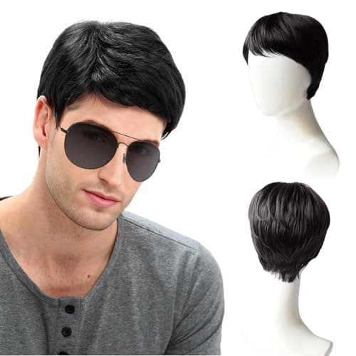 VEGCOO Perruque Homme Courte Noire, Perruque Homme Naturel Droite Frange Latérale avec Lunettes de Soleil Pilote pour Quotidienne Cosplay Halloween Costume de Fête