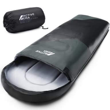 Active Era Sac de Couchage Rectangulaire 3-4 Saisons 0-15°C avec Sac de Compression pour Adultes et Enfants - Duvet Léger, Chaud, Imperméable, Jumelable - Noir