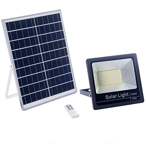 ELEDCO Lampe Solaire 120W Led, Panneau Solaire, Batterie, Télécommande Dimmable, Projecteur Solaire Autonomie 8-15 Heures, IP66