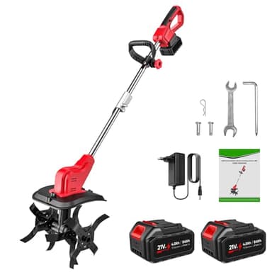 Motobineuse Électrique 550W Profondeur de Travail 22CM Largeur de 30CM avec Poignée Pliable et Roues Réglables 4 Lames,avec Batterie et Chargeur,pour Labourer,Renverser,Creuser des (2 Batteries)