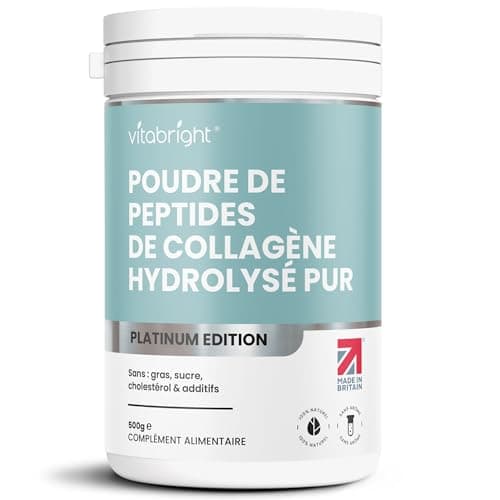Peptide De Collagene Hydrolysé 500g, 50 Portions. Collagene Hydrolisé en Poudre, Peptides de Collagène Type 1 et 3 Pour Musculation et Sport, Collagene a Boire - VitaBright Collagen/Collagene Bovin