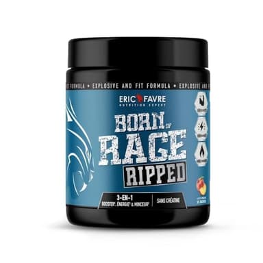 PRE WORKOUT SECHE Born Of Rage - Booster Musculation Sèche Explosif, Nouvelle Formule Hybride Energie/Endurance & Sèche, 250gr Goût Pêche - Eric Favre